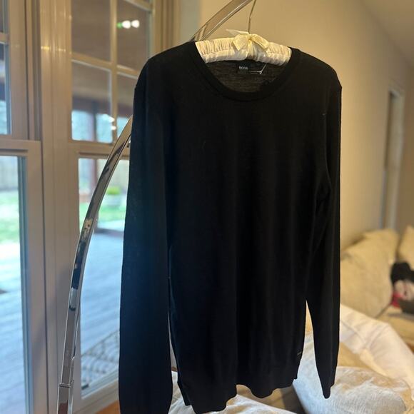Hugo Boss Mens XL Sweater Black Merino Wool Knit Lightweight Crewneck - Picture 1 of 3